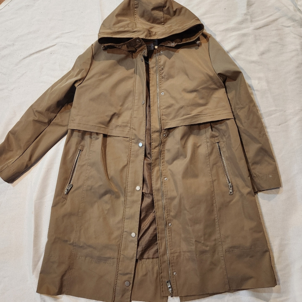 Avec Les Filles Hooded Utility Trench Coat Tan Zip Front Large